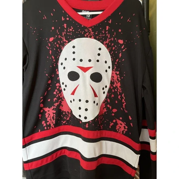 Friday The 13th Jason Voorhees Hockey Jersey Men's S/P Black Red Horror Patch - Picture 1 of 10